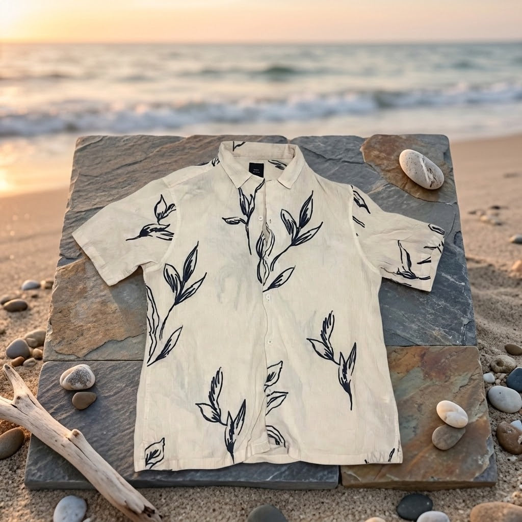 Camisa Hawaiana Beige Hojas - Verano Tarragona