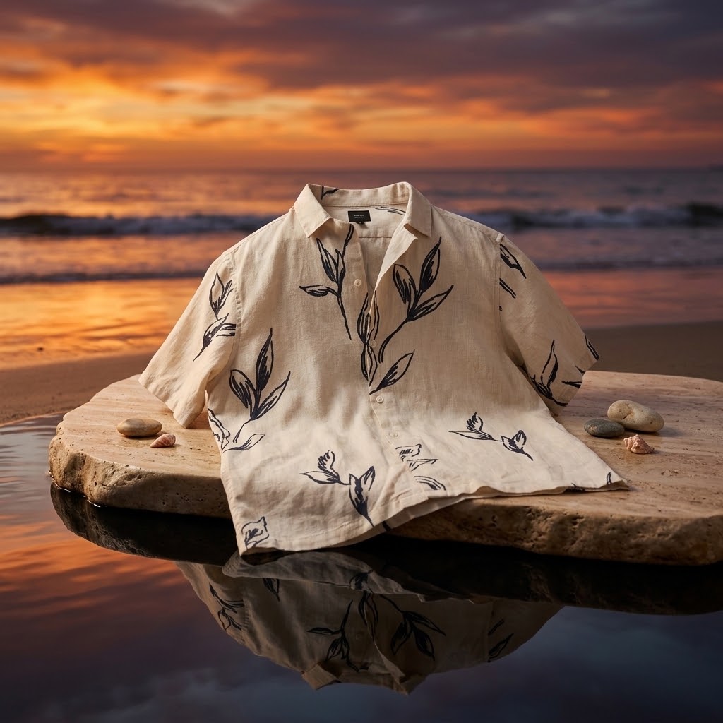 Camisa Hawaiana Beige Hojas - Verano Tarragona