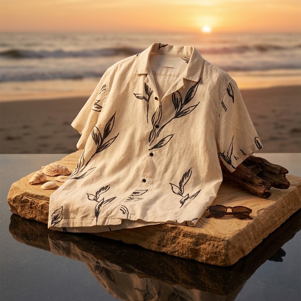 Camisa Hawaiana Beige Hojas - Verano Tarragona
